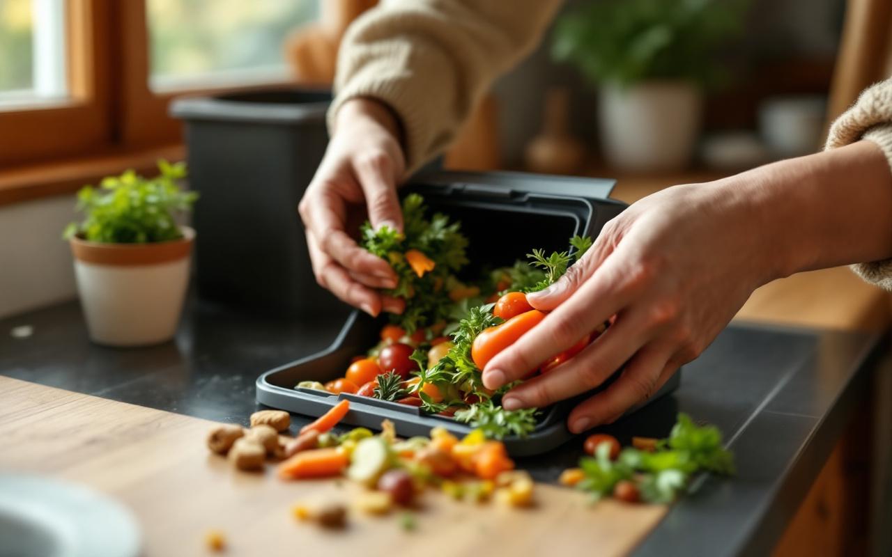 Personne vidant un caddy de plan de travail rempli d'épluchures de légumes dans une poubelle de compost en cuisine. Gros plan sur les mains et le contenu, lumière matinale douce, tons chauds et verts.