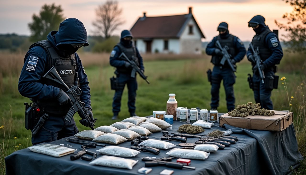 une enquête en milieu rural en franche-comté révèle un important trafic de stupéfiants, aboutissant à la saisie d'armes, de drogues et de produits de coupe.