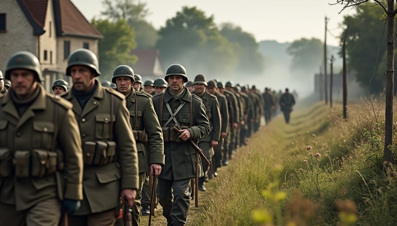 participez à la marche commémorative de 70 km en franche-comté, un hommage émouvant en uniforme d'époque à la bataille du 18 juin 1940.