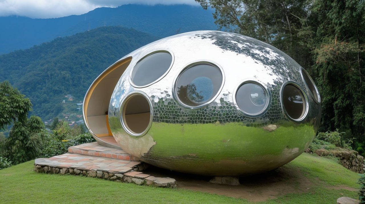 Petite maison capsule moderne installée au bord d’une forêt, avec sa façade compacte et ses grandes fenêtres.