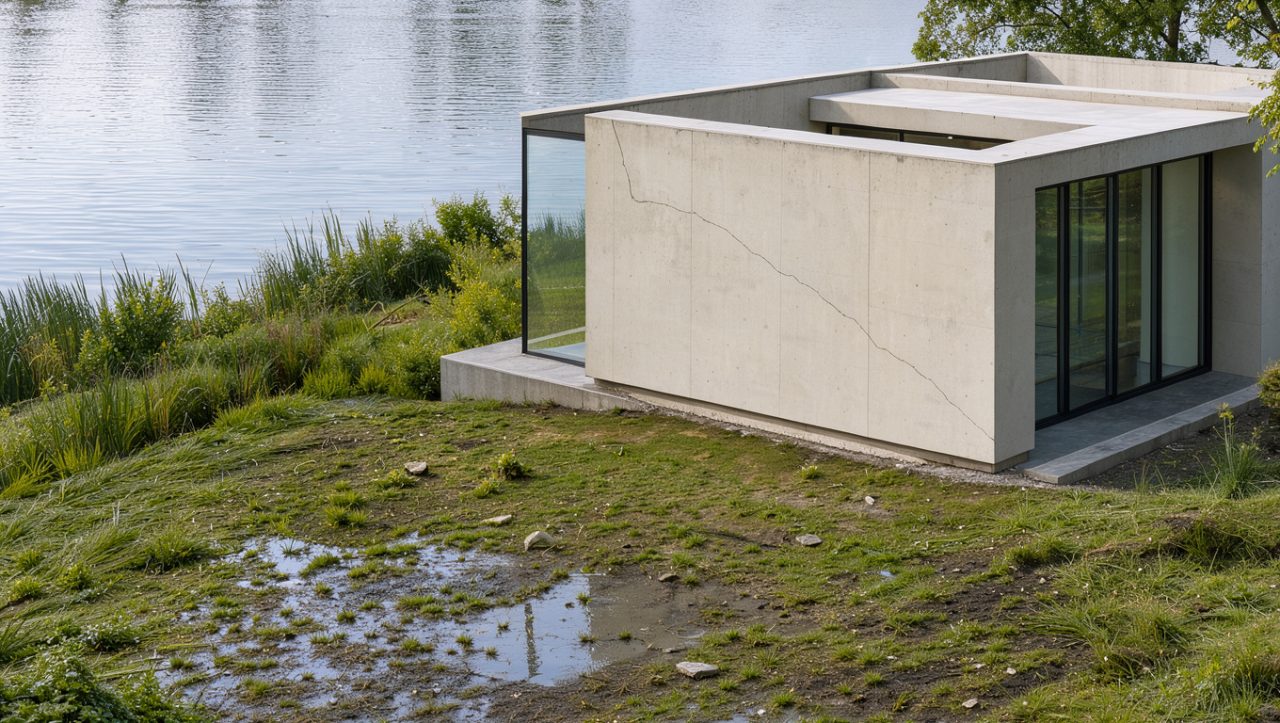 Maison contemporaine lumineuse au bord d’un lac, avec une légère fissure visible sur la façade, un terrain humide et une berge végétalisée.