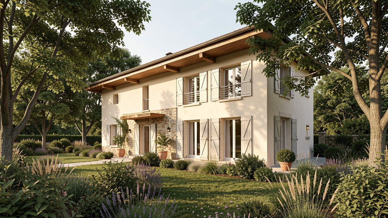 Maison neuve contemporaine dans le Poitou, avec façade sud, avancée de toit, volets extérieurs et jardin arboré baigné par la lumière estivale.