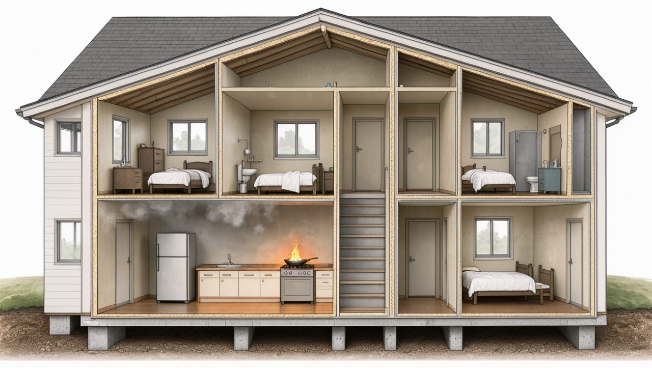 Illustration réaliste en coupe d’une maison individuelle montrant un départ de feu dans la cuisine, des fumées au plafond et des portes intérieures fermées.